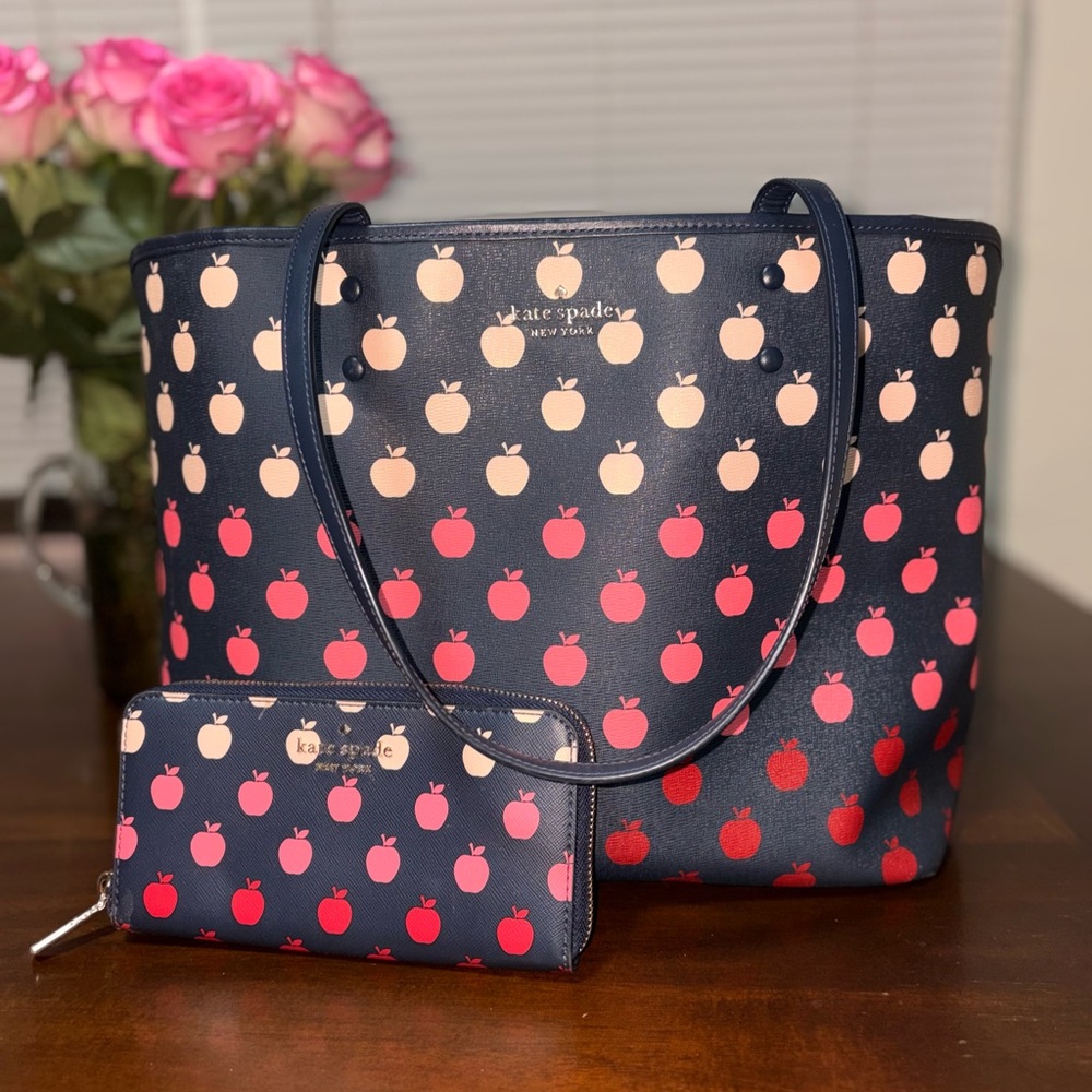 Kate Spade Blue and Red perfect apple tote and wallet set